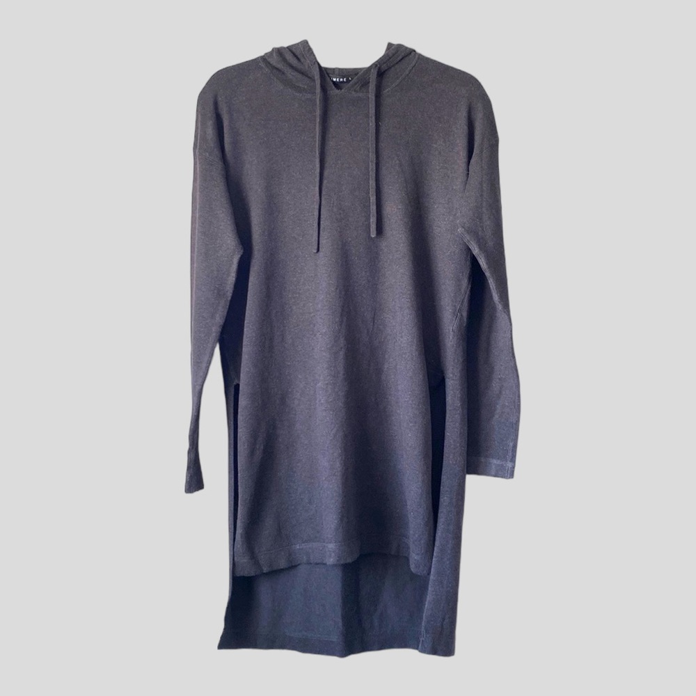 LEIMERE Charcoal Gray Cashmere/Cotton Tunic Length High-Low Hoodie, Size L.